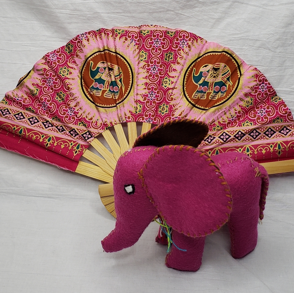 Pink Felted Asian Elephant and Fabric Bamboo Elephant Fan